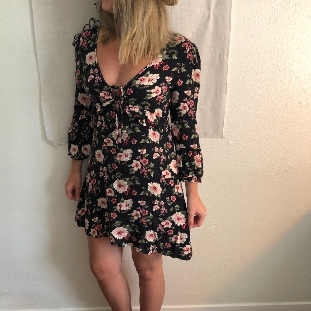 American Eagle Black Floral Ruffle Babydoll Dress